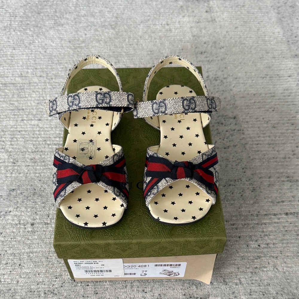 Gucci Kids Sandals - Blue/Beige GG with Red/Blue Bow Accents